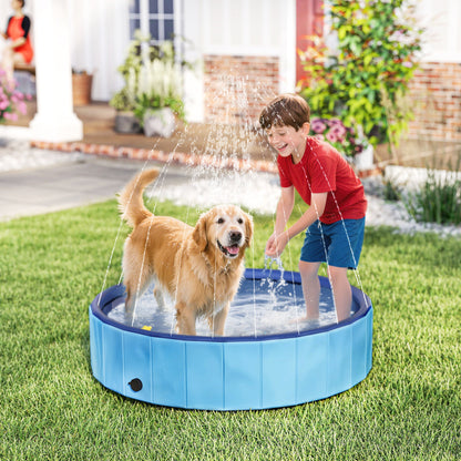 Folding Dog Pool with Sprinkler Portable Pet Tub for Large Dogs PVC Non-Slip Wear-Resistant for Indoors and Outdoors Ø120x30 cm Light Blue