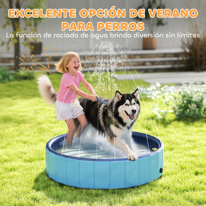 Folding Dog Pool with Sprinkler Portable Pet Tub for Large Dogs PVC Non-Slip Wear-Resistant for Indoors and Outdoors Ø120x30 cm Light Blue