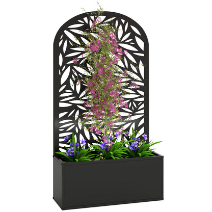 Elevated Planter with Leaf-Pattern Trellis — Metal Flower Box 24" x 9" x 44.5" for Garden, Balcony & Patio