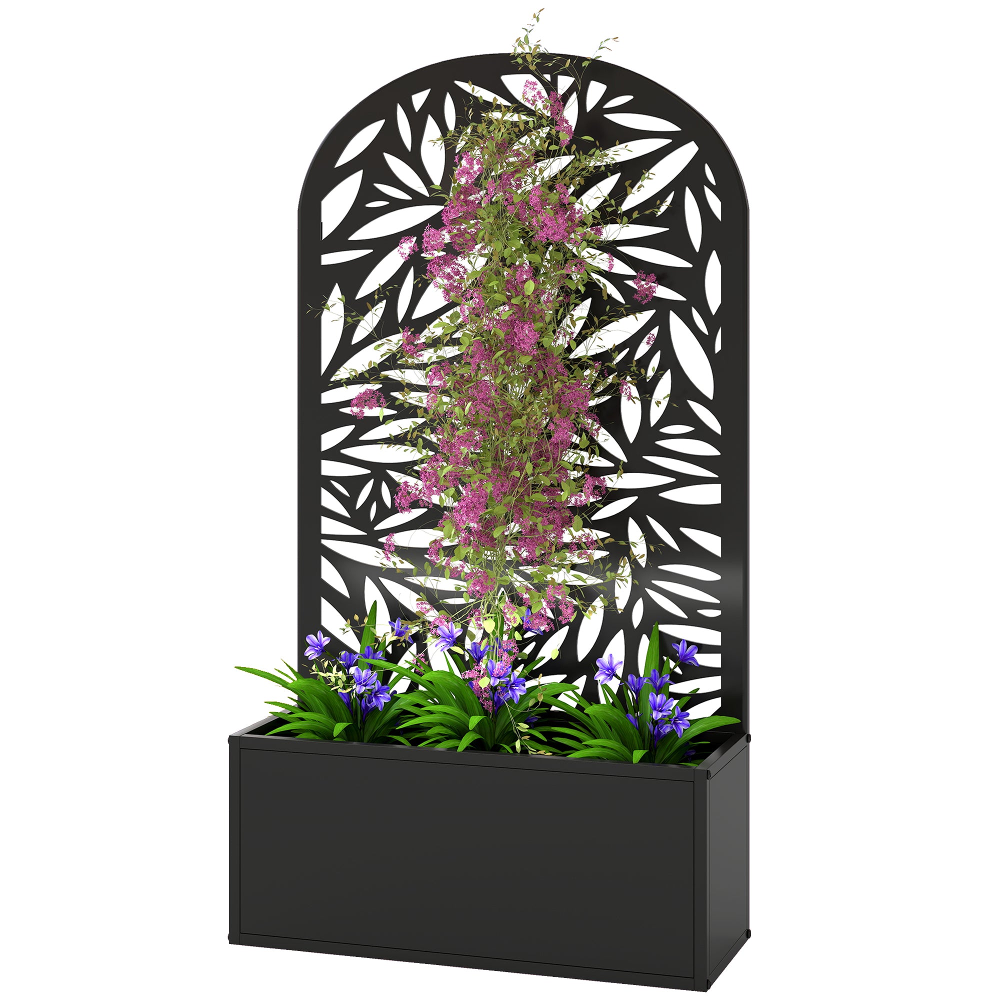 Elevated Planter with Leaf-Pattern Trellis — Metal Flower Box 24" x 9" x 44.5" for Garden, Balcony & Patio
