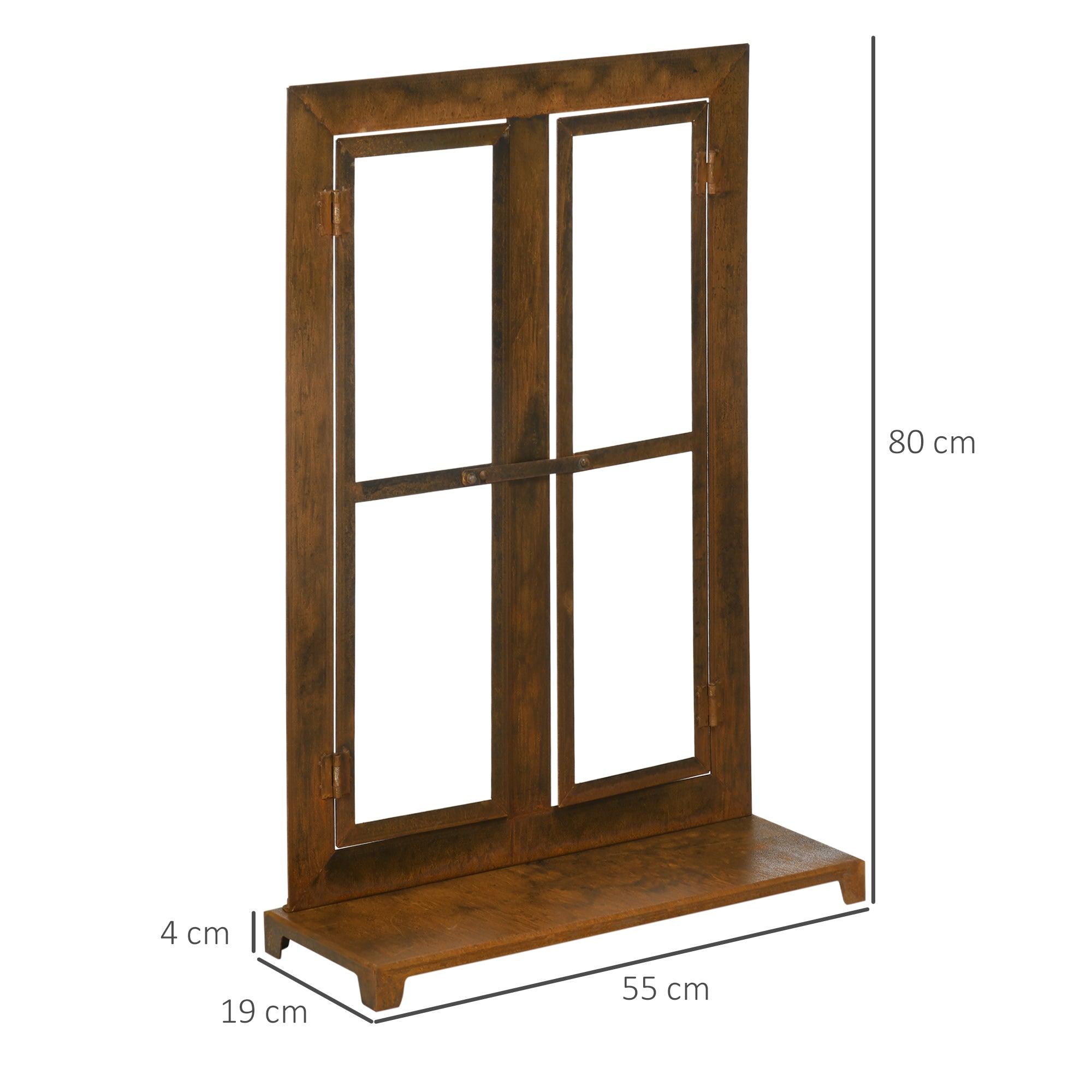 Iron Window, Rustic Brown Grid Window, 55 x 80 cm Window Frame with Threshold and Latch, Garden Decoration for Balcony, Terrace, Rustic Brown