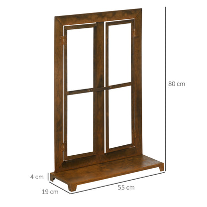 Iron Window, Rustic Brown Grid Window, 55 x 80 cm Window Frame with Threshold and Latch, Garden Decoration for Balcony, Terrace, Rustic Brown