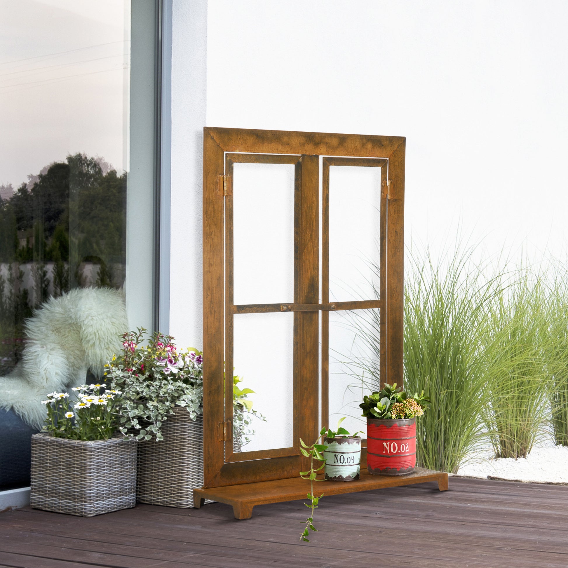 Iron Window, Rustic Brown Grid Window, 55 x 80 cm Window Frame with Threshold and Latch, Garden Decoration for Balcony, Terrace, Rustic Brown