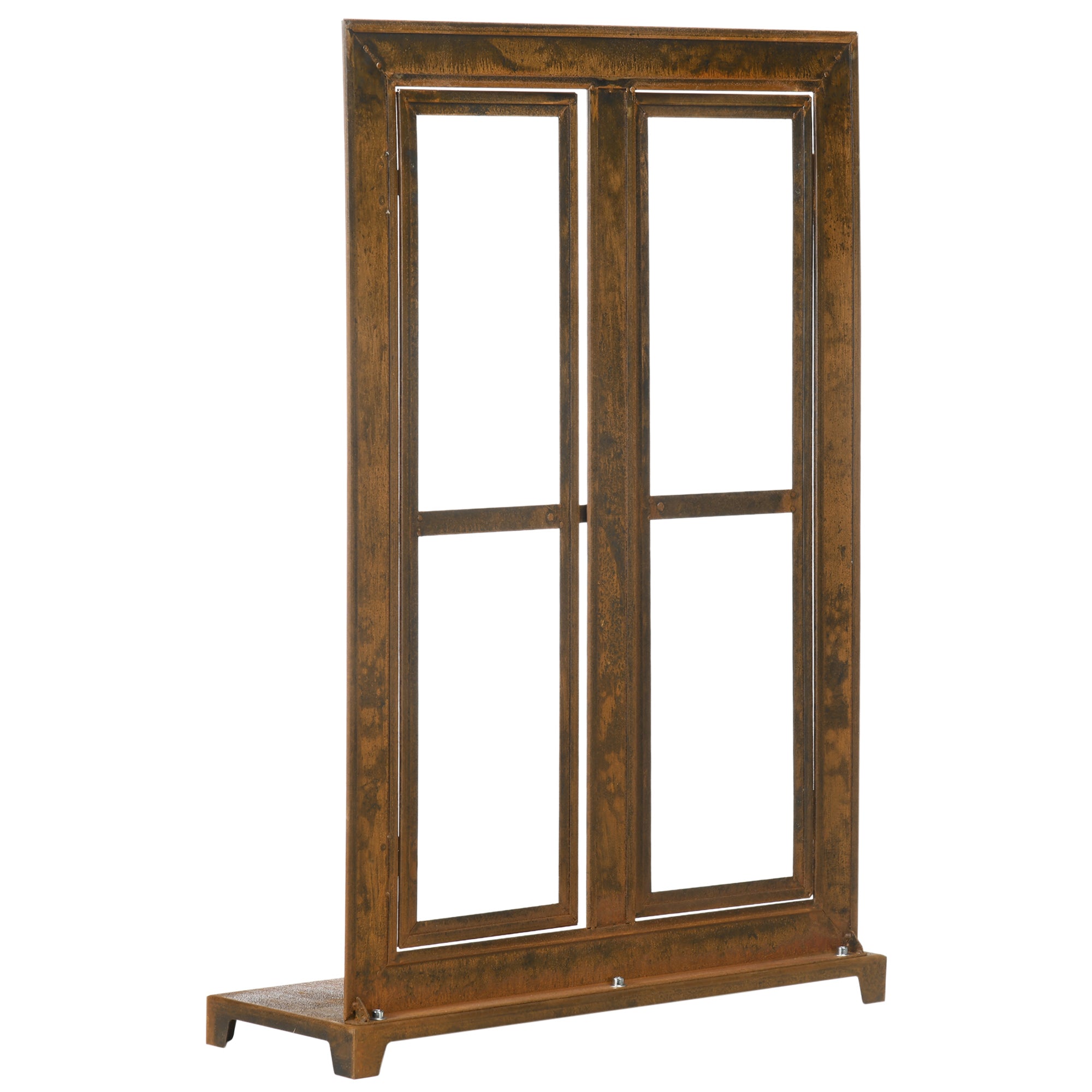 Iron Window, Rustic Brown Grid Window, 55 x 80 cm Window Frame with Threshold and Latch, Garden Decoration for Balcony, Terrace, Rustic Brown