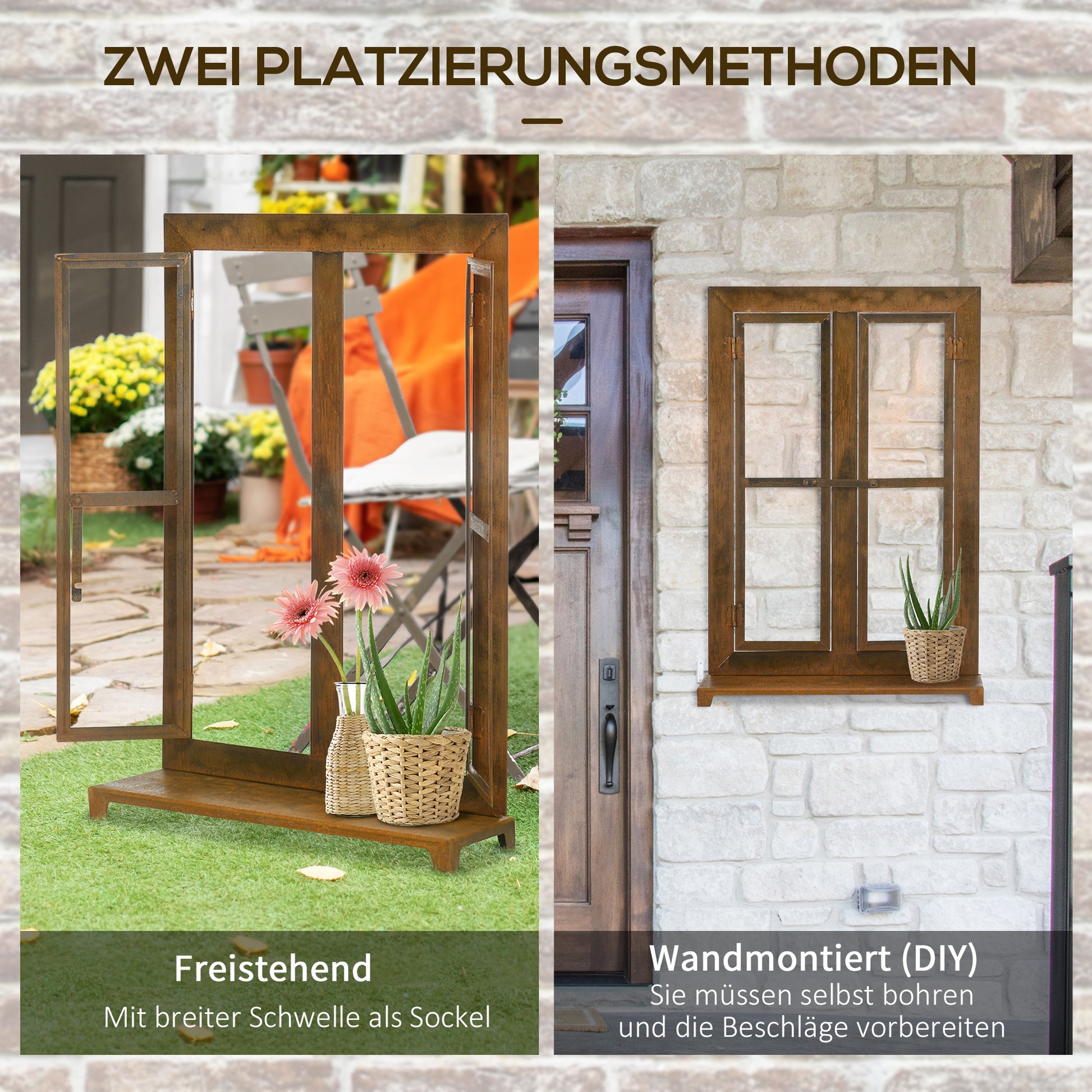 Iron Window, Rustic Brown Grid Window, 55 x 80 cm Window Frame with Threshold and Latch, Garden Decoration for Balcony, Terrace, Rustic Brown
