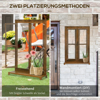 Iron Window, Rustic Brown Grid Window, 55 x 80 cm Window Frame with Threshold and Latch, Garden Decoration for Balcony, Terrace, Rustic Brown