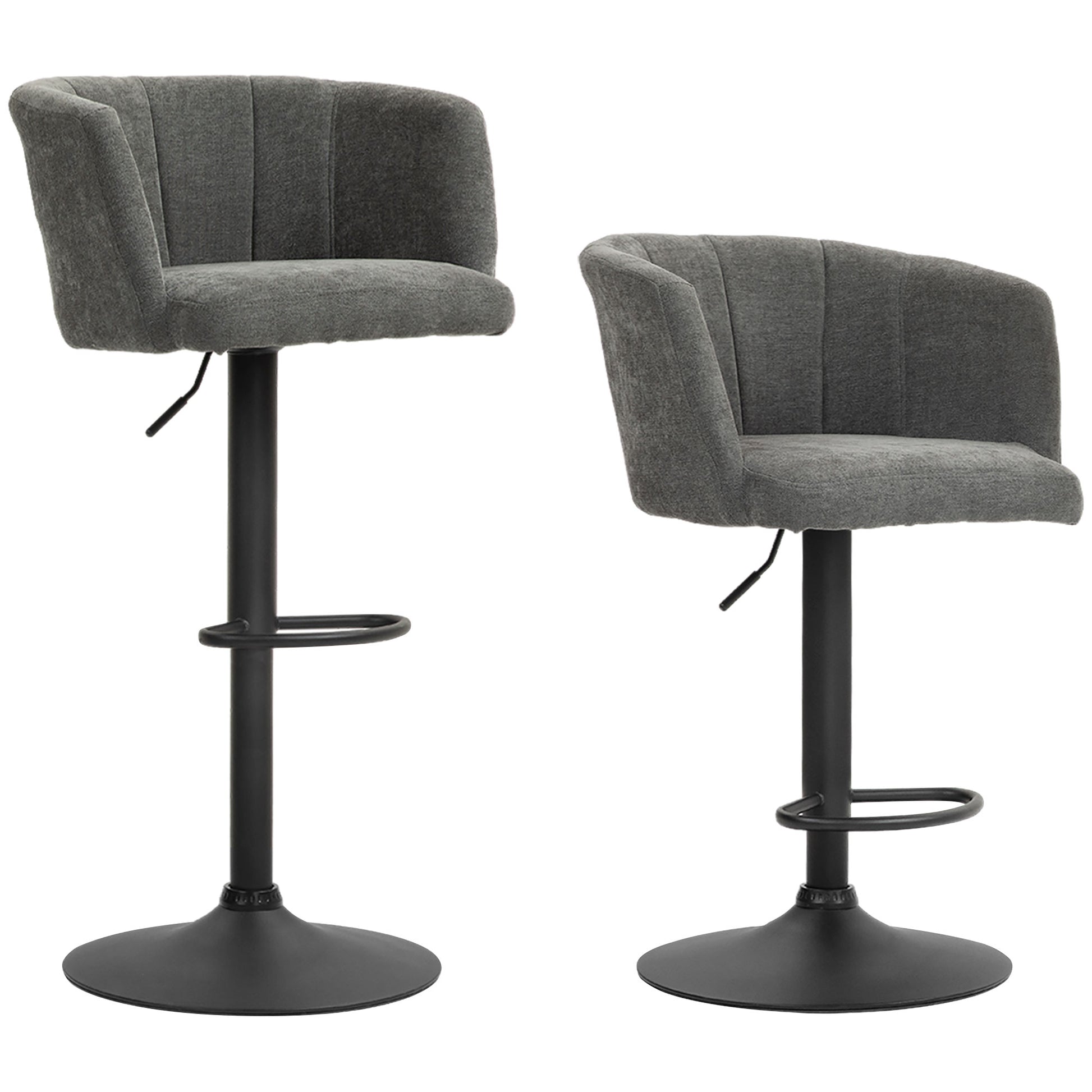 Set of 2 Bar Stools, Bistro Stools with Footrest, Swivel Bar Chairs, Adjustable Height Kitchen Stools with Linen Cover, for Living Room, Dining Room, Dark Gray