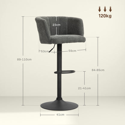 Set of 2 Bar Stools, Bistro Stools with Footrest, Swivel Bar Chairs, Adjustable Height Kitchen Stools with Linen Cover, for Living Room, Dining Room, Dark Gray