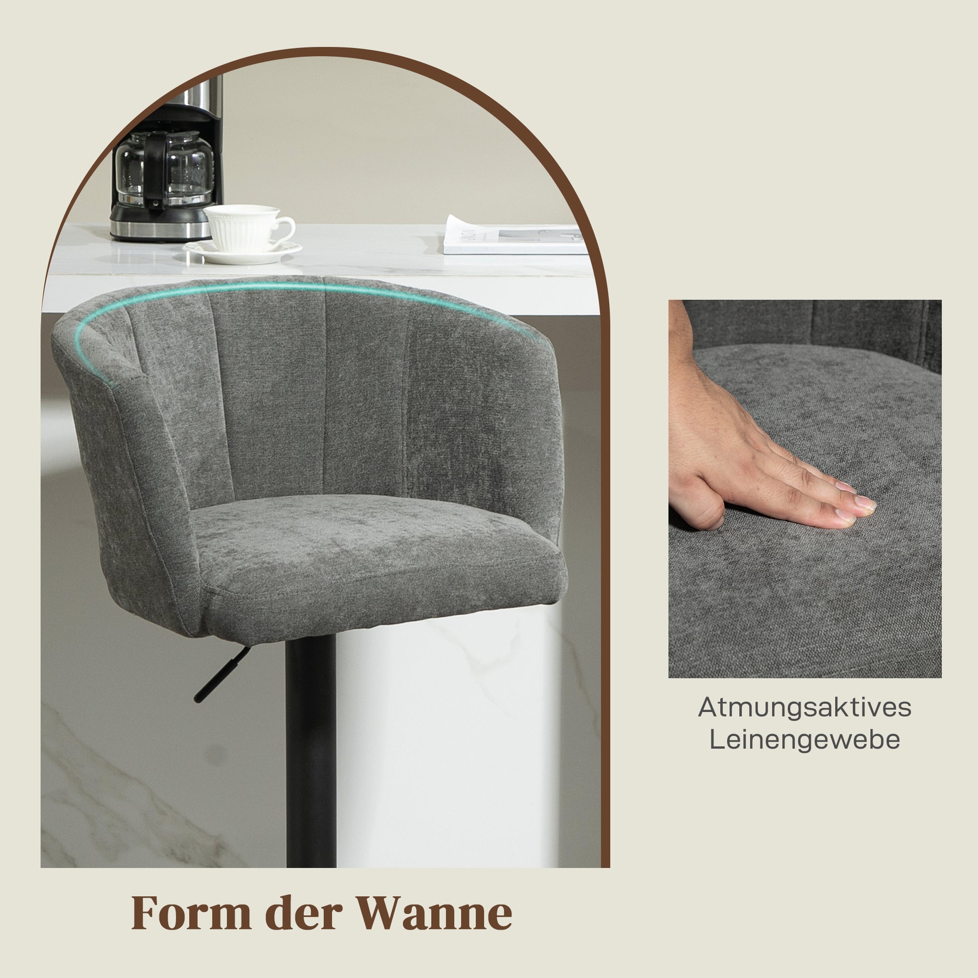 Set of 2 Bar Stools, Bistro Stools with Footrest, Swivel Bar Chairs, Adjustable Height Kitchen Stools with Linen Cover, for Living Room, Dining Room, Dark Gray