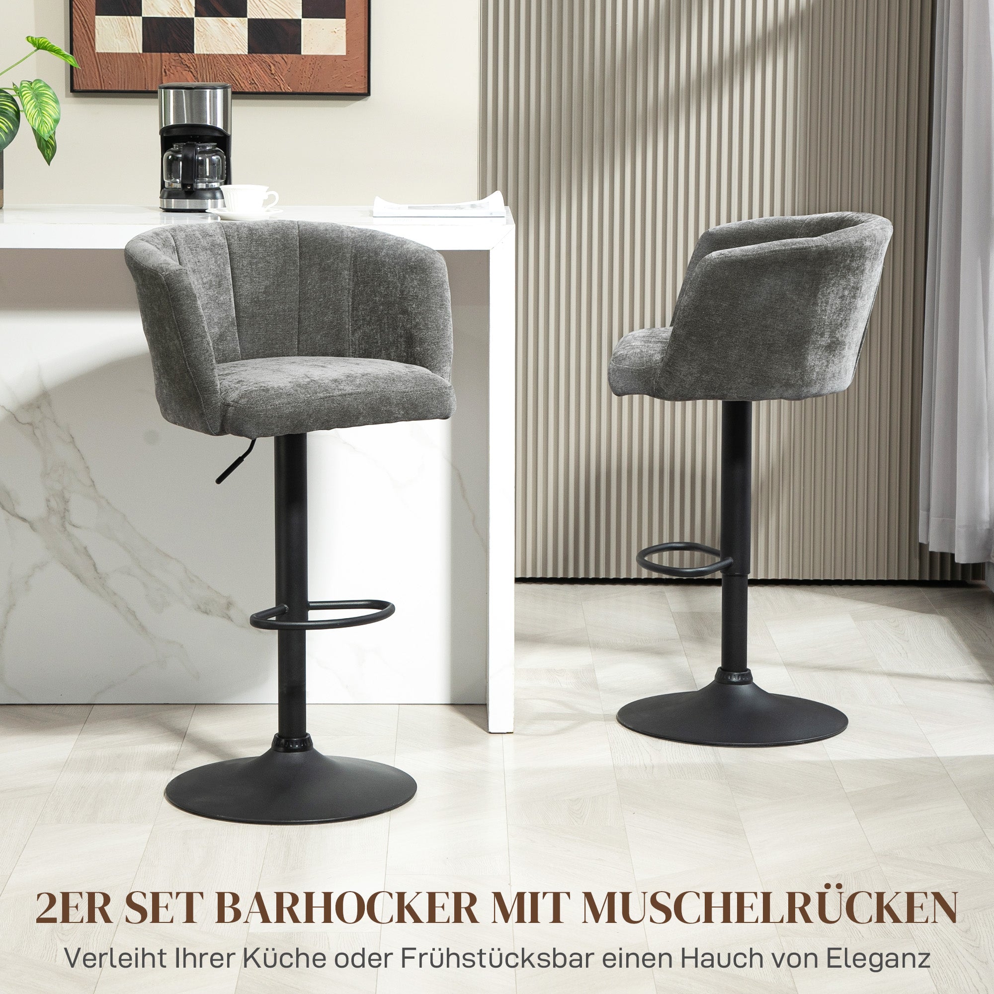 Set of 2 Bar Stools, Bistro Stools with Footrest, Swivel Bar Chairs, Adjustable Height Kitchen Stools with Linen Cover, for Living Room, Dining Room, Dark Gray