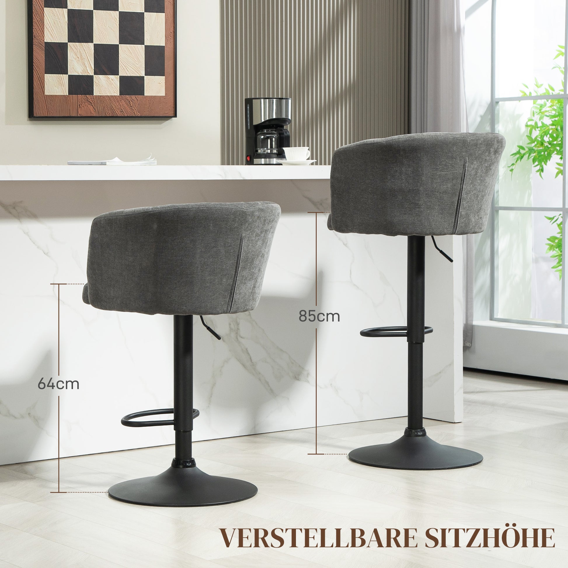 Set of 2 Bar Stools, Bistro Stools with Footrest, Swivel Bar Chairs, Adjustable Height Kitchen Stools with Linen Cover, for Living Room, Dining Room, Dark Gray