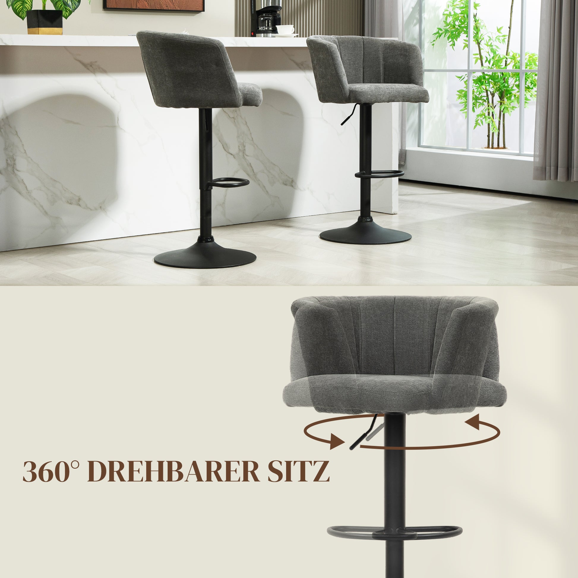 Set of 2 Bar Stools, Bistro Stools with Footrest, Swivel Bar Chairs, Adjustable Height Kitchen Stools with Linen Cover, for Living Room, Dining Room, Dark Gray