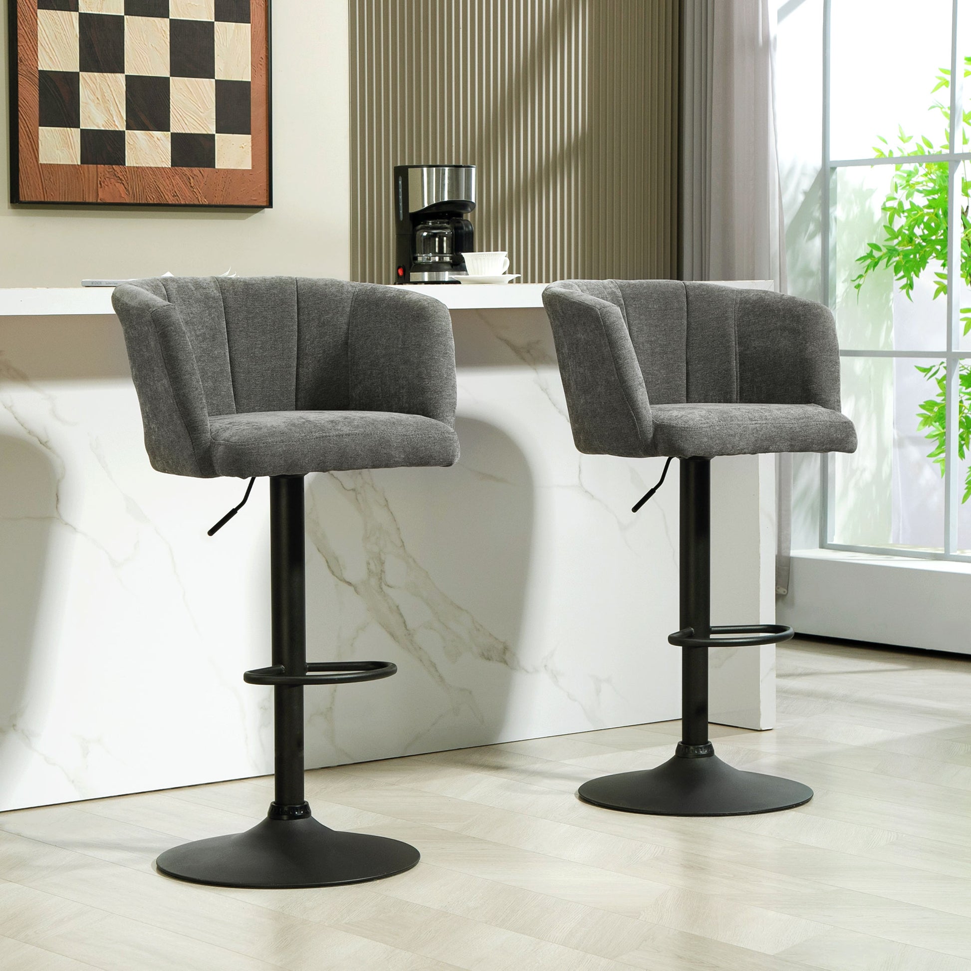 Set of 2 Bar Stools, Bistro Stools with Footrest, Swivel Bar Chairs, Adjustable Height Kitchen Stools with Linen Cover, for Living Room, Dining Room, Dark Gray