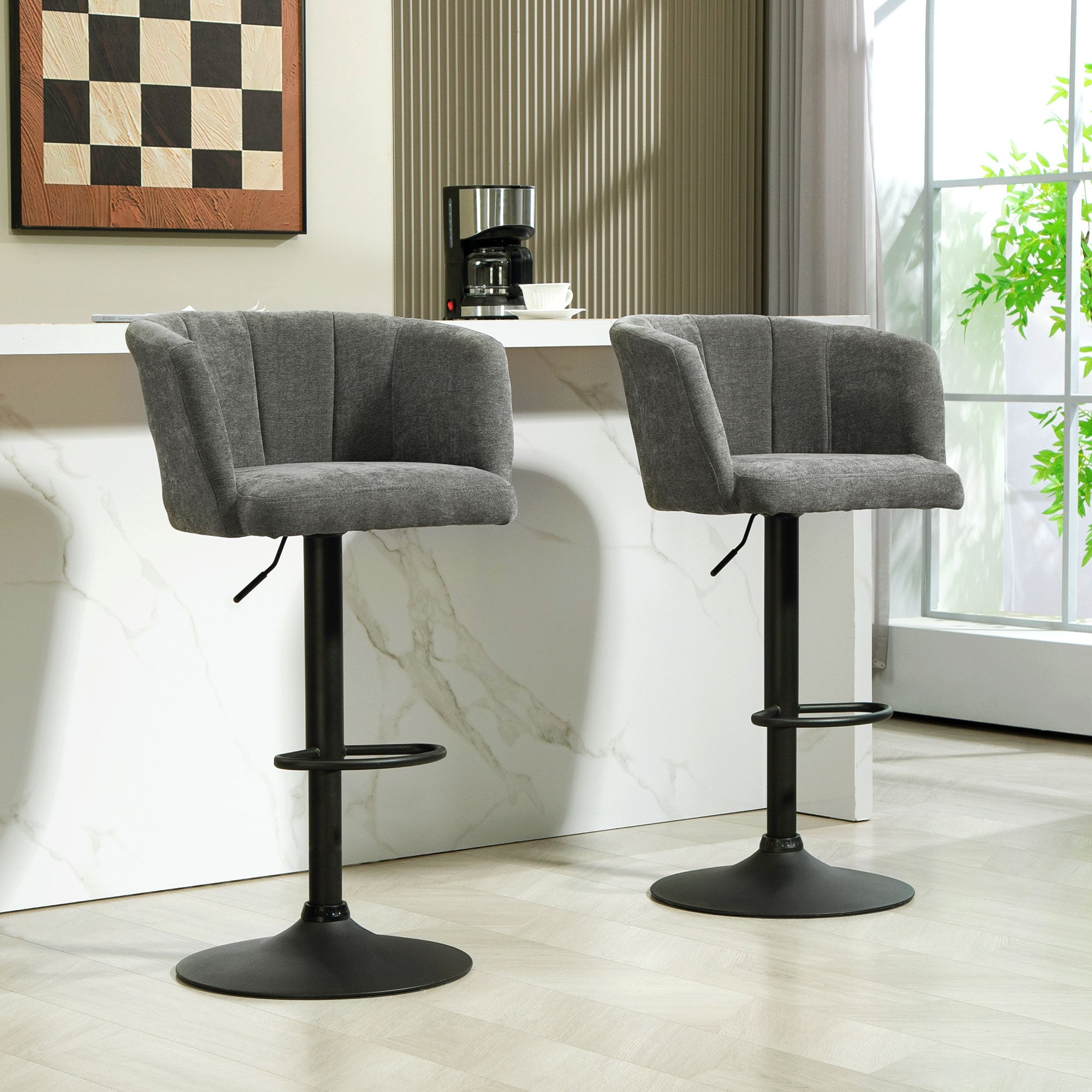Set of 2 Bar Stools, Bistro Stools with Footrest, Swivel Bar Chairs, Adjustable Height Kitchen Stools with Linen Cover, for Living Room, Dining Room, Dark Gray