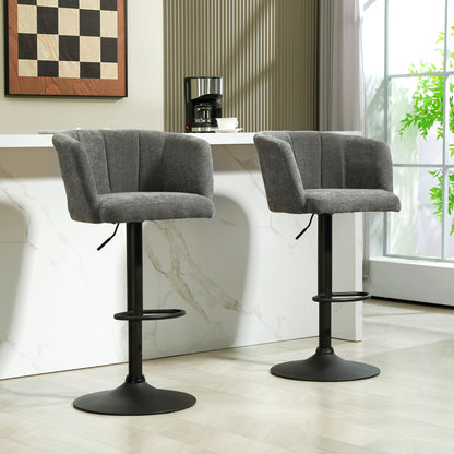 Set of 2 Bar Stools, Bistro Stools with Footrest, Swivel Bar Chairs, Adjustable Height Kitchen Stools with Linen Cover, for Living Room, Dining Room, Dark Gray
