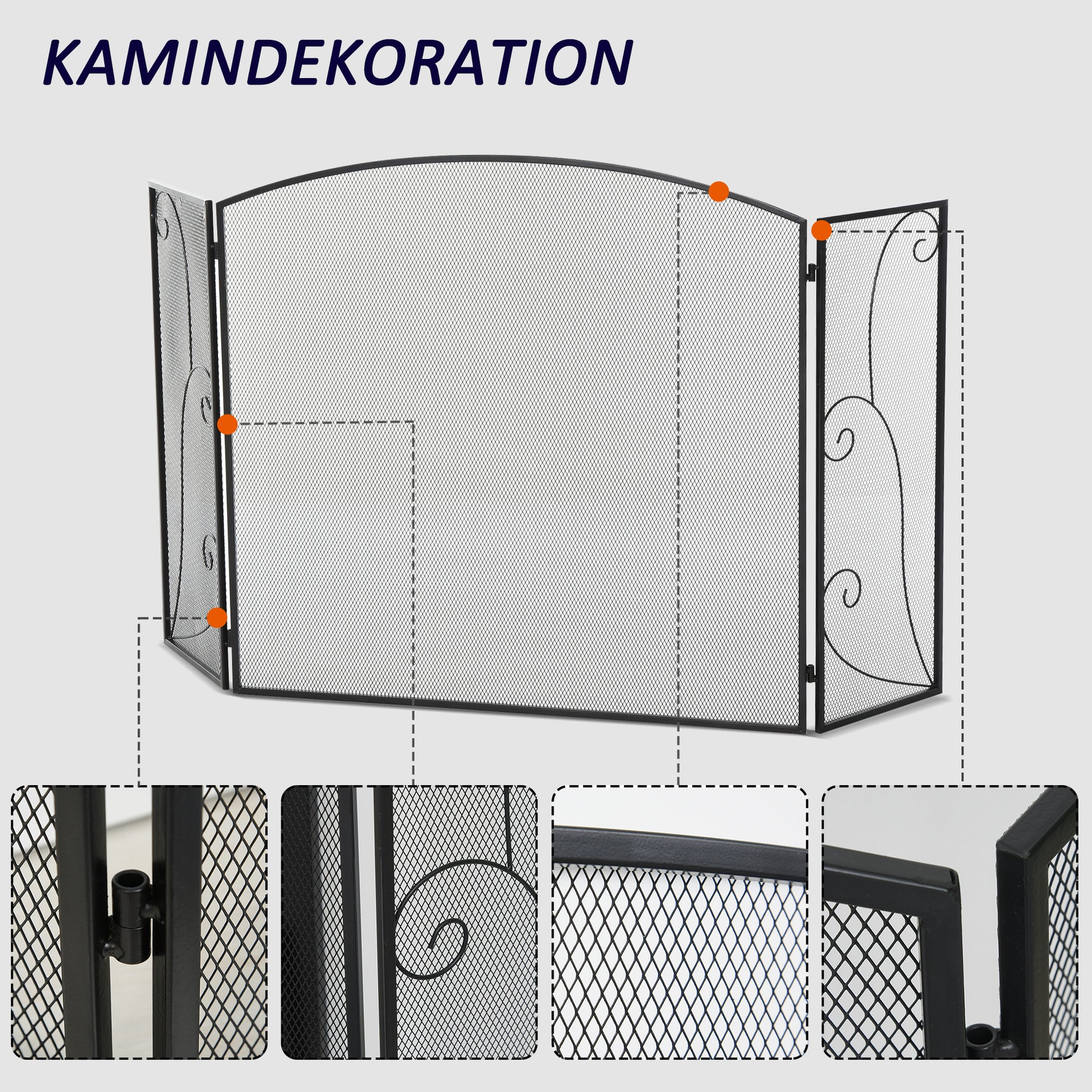 Spark Protection Gate, 3-piece folding fireplace protection, fireplace spark protection, fire screen, stove protection gate, fireplace grille, decorative mesh, metal, 132.5 x 76.5cm, Black
