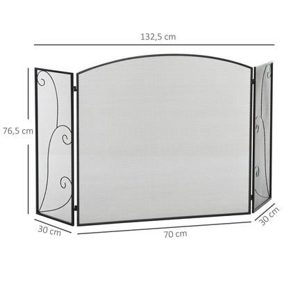 Spark Protection Gate, 3-piece folding fireplace protection, fireplace spark protection, fire screen, stove protection gate, fireplace grille, decorative mesh, metal, 132.5 x 76.5cm, Black