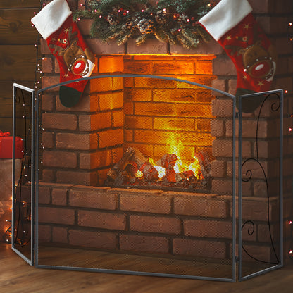 Spark Protection Gate, 3-piece folding fireplace protection, fireplace spark protection, fire screen, stove protection gate, fireplace grille, decorative mesh, metal, 132.5 x 76.5cm, Black