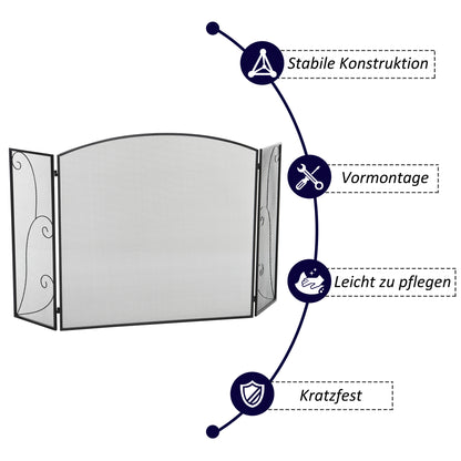Spark Protection Gate, 3-piece folding fireplace protection, fireplace spark protection, fire screen, stove protection gate, fireplace grille, decorative mesh, metal, 132.5 x 76.5cm, Black