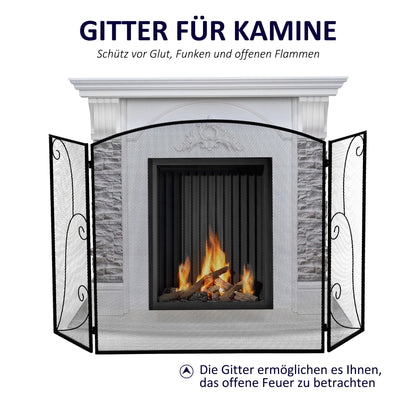 Spark Protection Gate, 3-piece folding fireplace protection, fireplace spark protection, fire screen, stove protection gate, fireplace grille, decorative mesh, metal, 132.5 x 76.5cm, Black