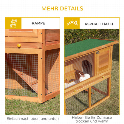 Small Animal Hutch made of fir wood, double-storey small animal house, dwarf rabbit hutch, small animal enclosure with bottom tray, ramp, Orange, 90 x 45 x 80 cm