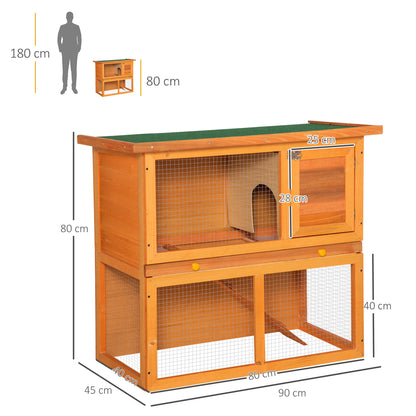 Small Animal Hutch made of fir wood, double-storey small animal house, dwarf rabbit hutch, small animal enclosure with bottom tray, ramp, Orange, 90 x 45 x 80 cm