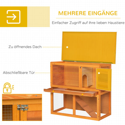 Small Animal Hutch made of fir wood, double-storey small animal house, dwarf rabbit hutch, small animal enclosure with bottom tray, ramp, Orange, 90 x 45 x 80 cm