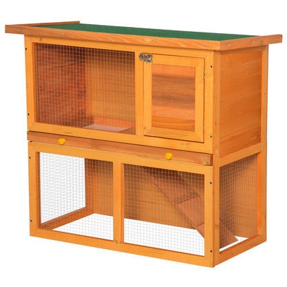 Small Animal Hutch made of fir wood, double-storey small animal house, dwarf rabbit hutch, small animal enclosure with bottom tray, ramp, Orange, 90 x 45 x 80 cm