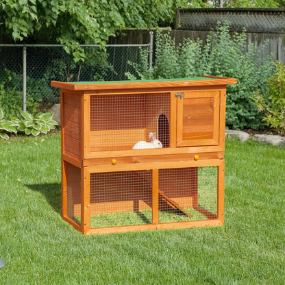 Small Animal Hutch made of fir wood, double-storey small animal house, dwarf rabbit hutch, small animal enclosure with bottom tray, ramp, Orange, 90 x 45 x 80 cm