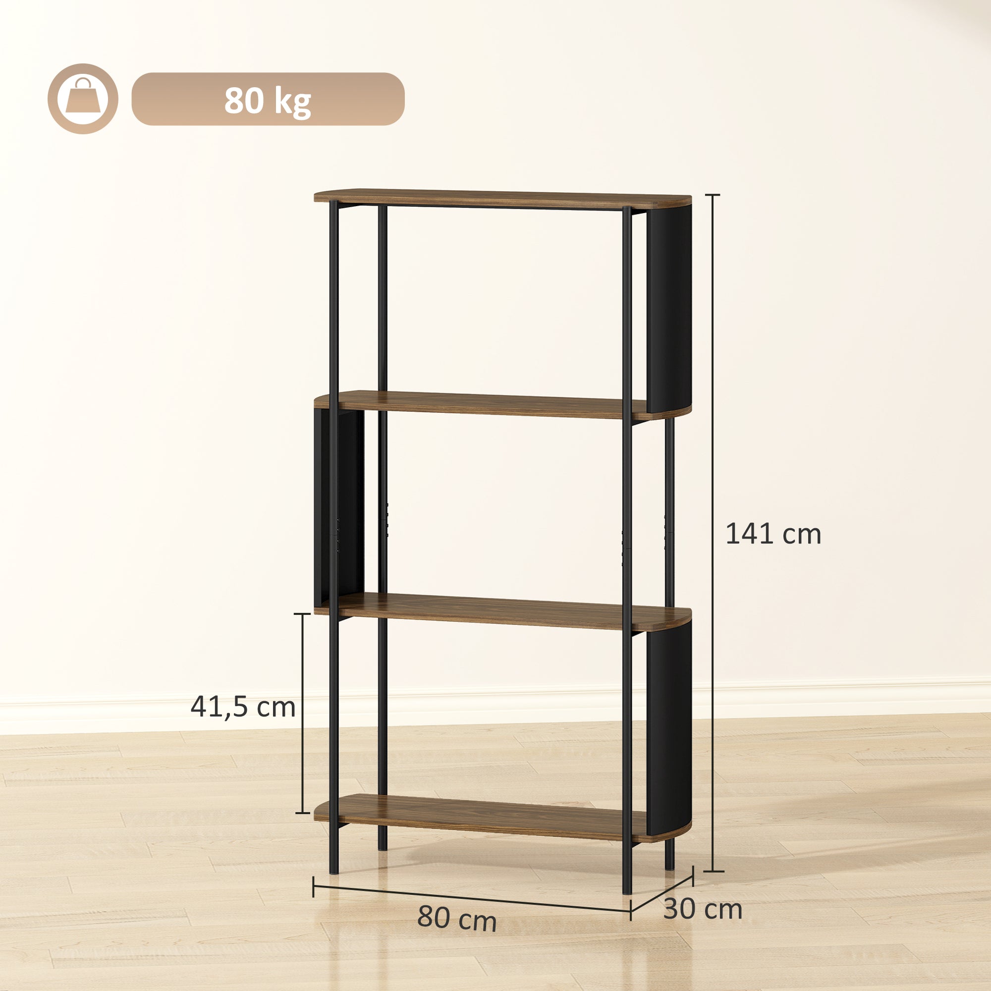 4-Tier Storage Shelf, 4-Shelf Bookcase with Curved Side Panels, Industrial Style Steel Frame Storage Unit for Office, Living Room, Bedroom — 31.5 x 11.8 x 55.5 in (80 x 30 x 141 cm), Brown