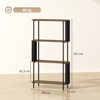 4-Tier Storage Shelf, 4-Shelf Bookcase with Curved Side Panels, Industrial Style Steel Frame Storage Unit for Office, Living Room, Bedroom — 31.5 x 11.8 x 55.5 in (80 x 30 x 141 cm), Brown