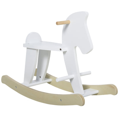Wooden Rocking Horse - Rocking Toy With Handles, Footrest, and Safety Stops - White and Natural Wood Plywood MDF