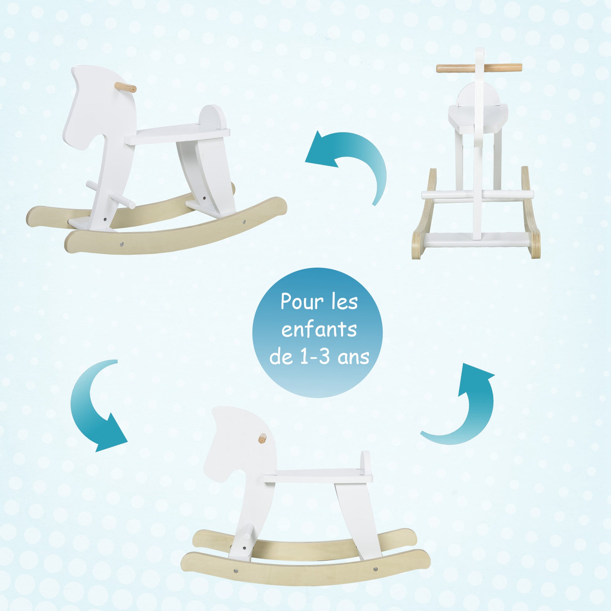Wooden Rocking Horse - Rocking Toy With Handles, Footrest, and Safety Stops - White and Natural Wood Plywood MDF