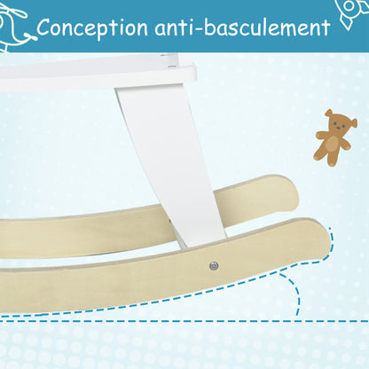 Wooden Rocking Horse - Rocking Toy With Handles, Footrest, and Safety Stops - White and Natural Wood Plywood MDF