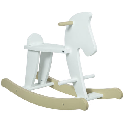 Wooden Rocking Horse - Rocking Toy With Handles, Footrest, and Safety Stops - White and Natural Wood Plywood MDF