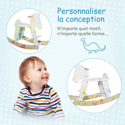 Wooden Rocking Horse - Rocking Toy With Handles, Footrest, and Safety Stops - White and Natural Wood Plywood MDF