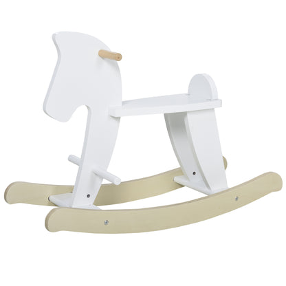 Wooden Rocking Horse - Rocking Toy With Handles, Footrest, and Safety Stops - White and Natural Wood Plywood MDF