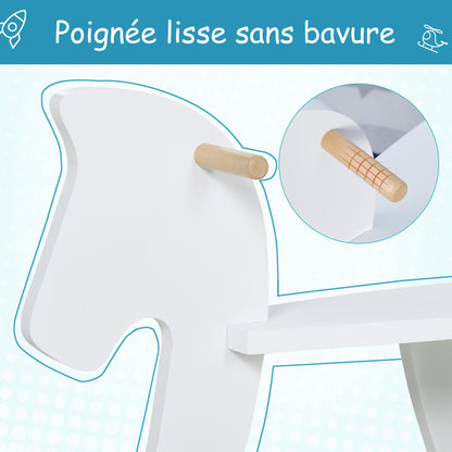 Wooden Rocking Horse - Rocking Toy With Handles, Footrest, and Safety Stops - White and Natural Wood Plywood MDF