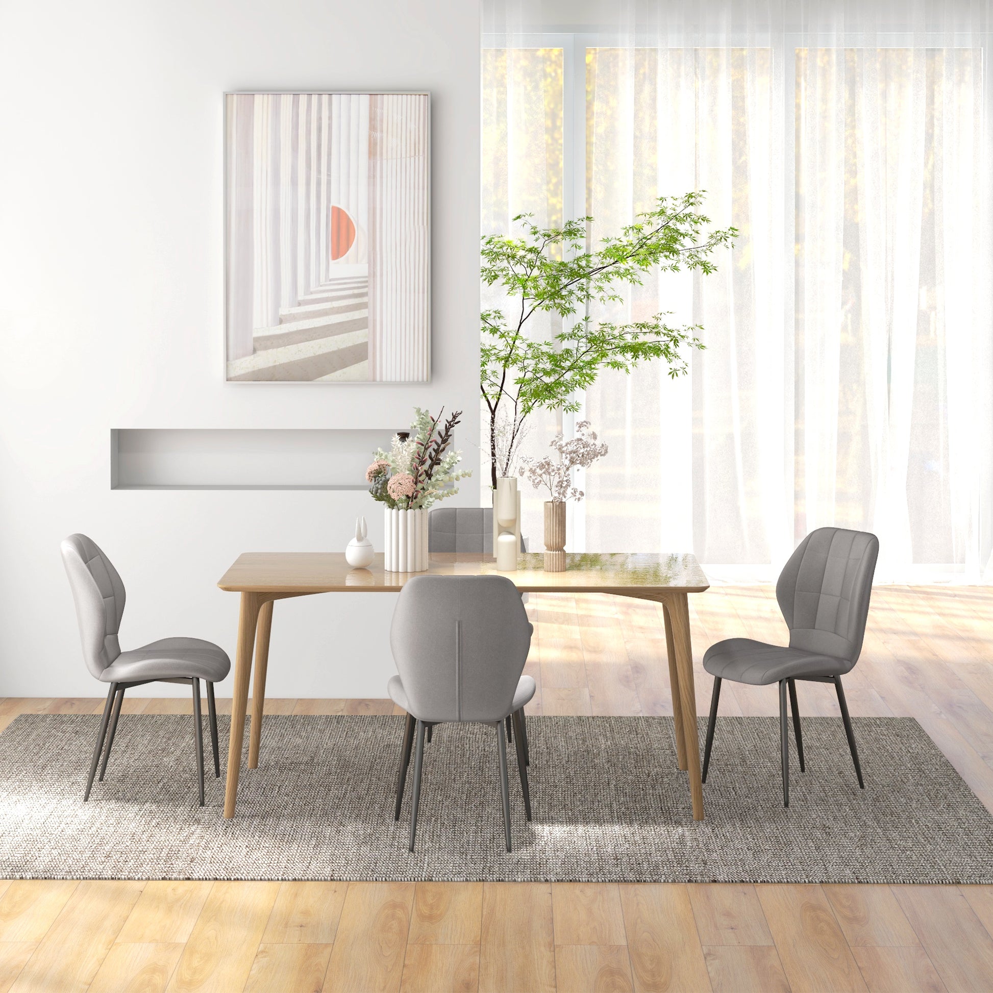 Set of 4 Modern Dining Chairs, Kitchen and Living Room Chairs with Flannel Upholstery and Steel Legs, Gray