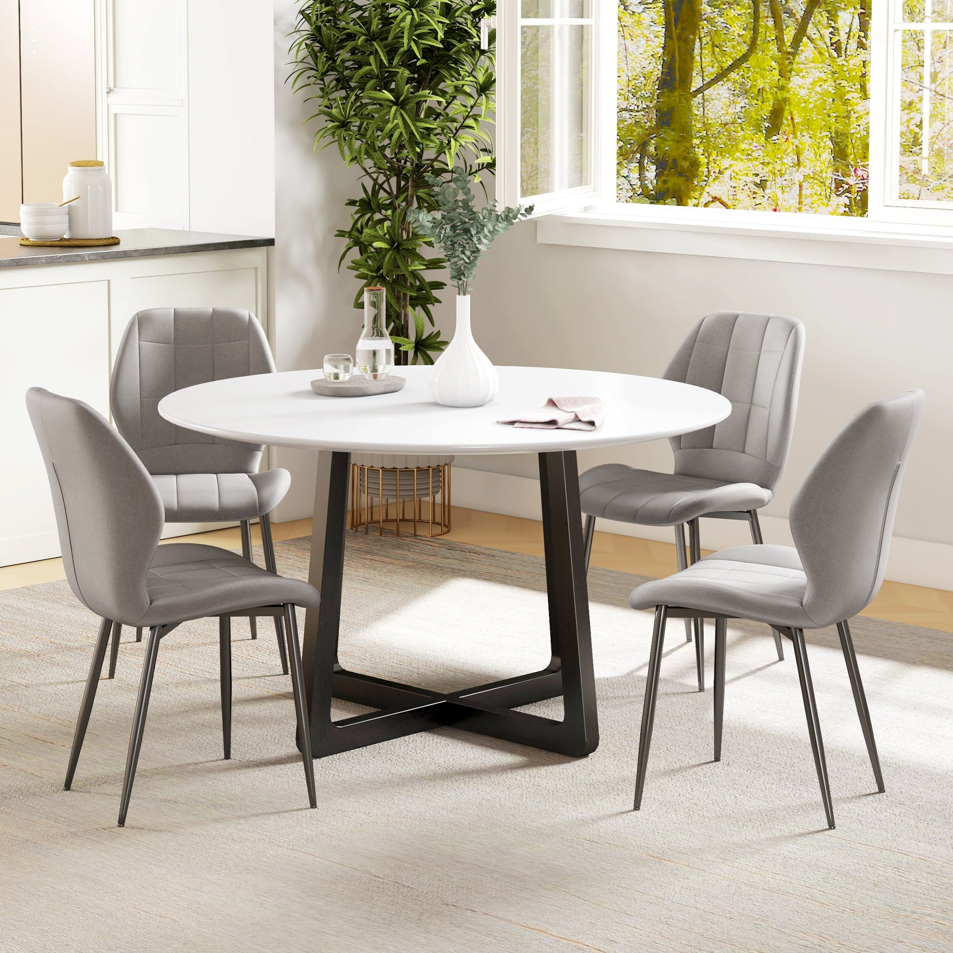 Set of 4 Modern Dining Chairs, Kitchen and Living Room Chairs with Flannel Upholstery and Steel Legs, Gray