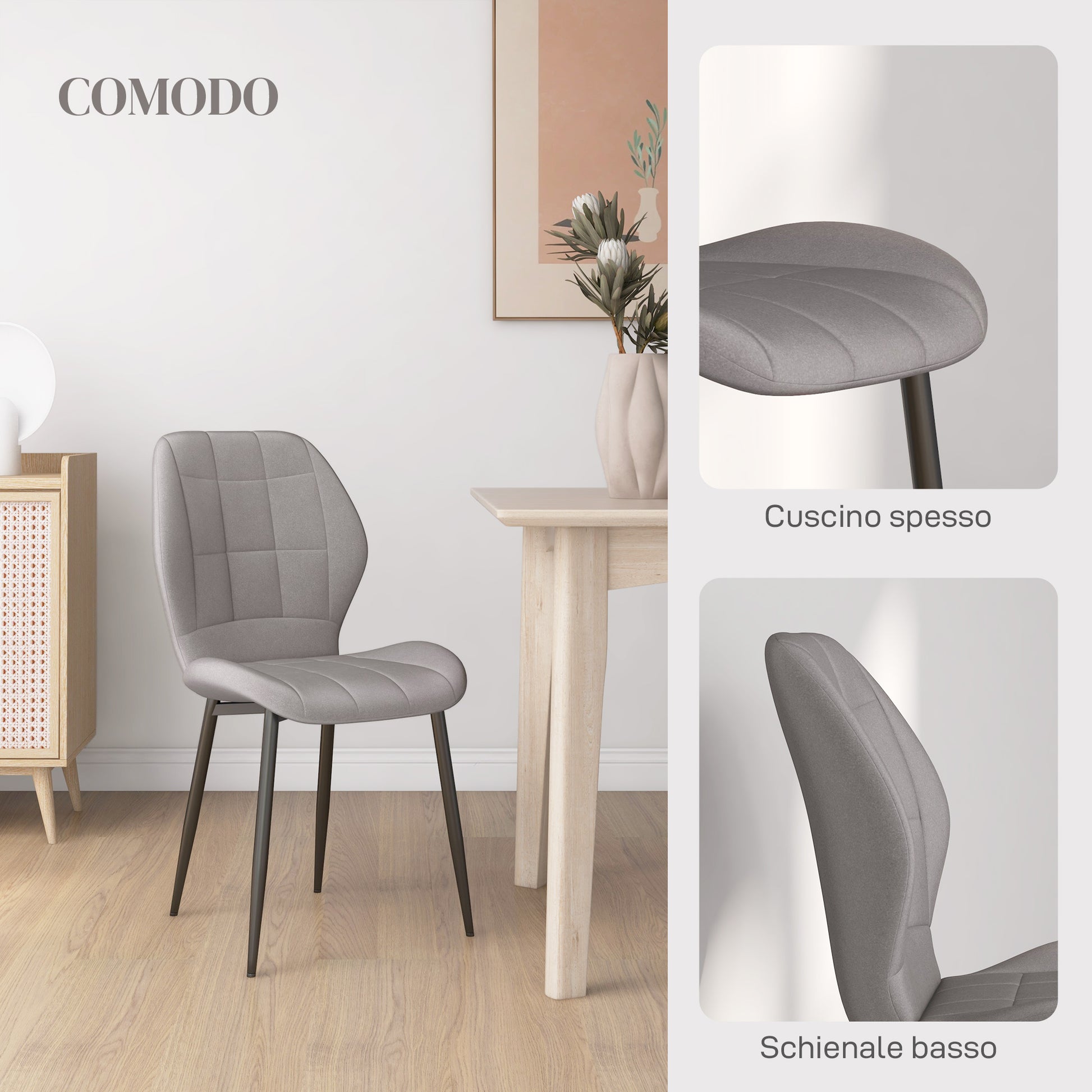 Set of 4 Modern Dining Chairs, Kitchen and Living Room Chairs with Flannel Upholstery and Steel Legs, Gray