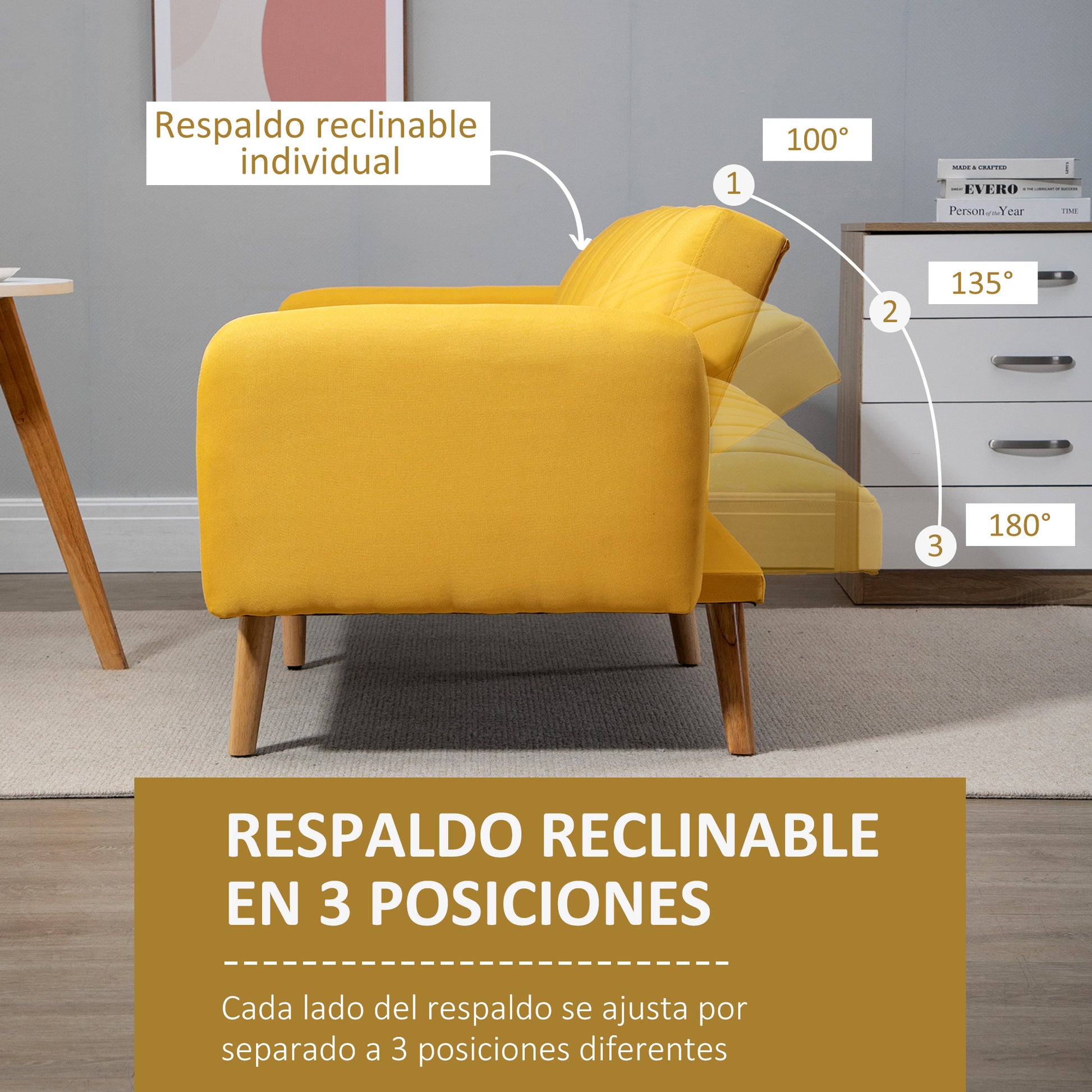 2-Seater Modern Sofa Bed 173x75x73 cm Folding Sofa Upholstered in Synthetic Linen with Adjustable 3-Level Backrest and Detachable Armrests for Living Room Office Yellow
