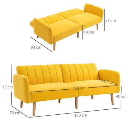 2-Seater Modern Sofa Bed 173x75x73 cm Folding Sofa Upholstered in Synthetic Linen with Adjustable 3-Level Backrest and Detachable Armrests for Living Room Office Yellow
