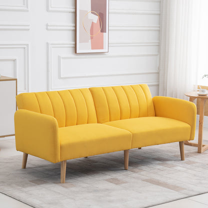2-Seater Modern Sofa Bed 173x75x73 cm Folding Sofa Upholstered in Synthetic Linen with Adjustable 3-Level Backrest and Detachable Armrests for Living Room Office Yellow