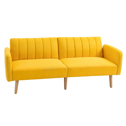 2-Seater Modern Sofa Bed 173x75x73 cm Folding Sofa Upholstered in Synthetic Linen with Adjustable 3-Level Backrest and Detachable Armrests for Living Room Office Yellow