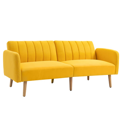 2-Seater Modern Sofa Bed 173x75x73 cm Folding Sofa Upholstered in Synthetic Linen with Adjustable 3-Level Backrest and Detachable Armrests for Living Room Office Yellow