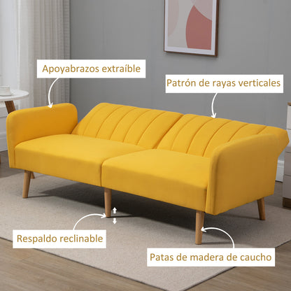 2-Seater Modern Sofa Bed 173x75x73 cm Folding Sofa Upholstered in Synthetic Linen with Adjustable 3-Level Backrest and Detachable Armrests for Living Room Office Yellow