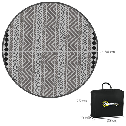 Round Outdoor Rug Reversible Mat with Carry Bag, Waterproof Plastic Mat for Garden, Patio, Camping, 180 cm, Gray+Black