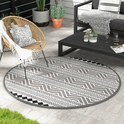 Round Outdoor Rug Reversible Mat with Carry Bag, Waterproof Plastic Mat for Garden, Patio, Camping, 180 cm, Gray+Black