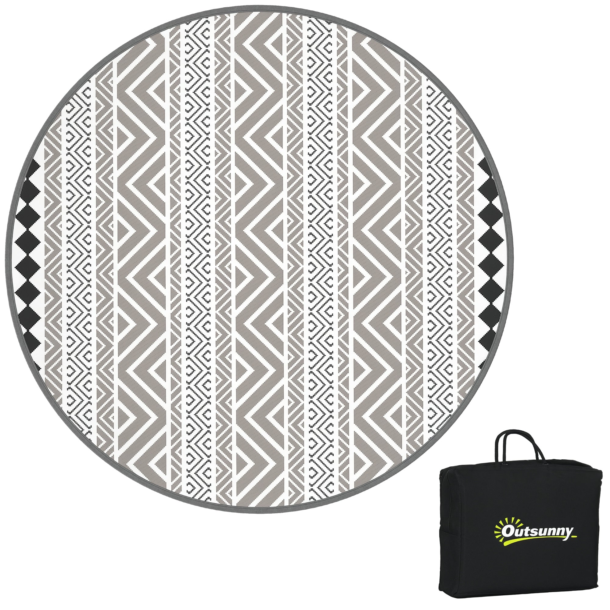 Round Outdoor Rug Reversible Mat with Carry Bag, Waterproof Plastic Mat for Garden, Patio, Camping, 180 cm, Gray+Black